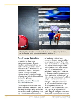 UNIT 3: MEASURING SAFETY ROAD SAFETY FUNDAMENTALS
3-16
Supplemental Safety Data
In addition to the critical
transportation safety datasets
(crashes, road characteristics, and
traffic volume), there are many
other datasets that can be used and
combined to conduct additional
types of evaluations on the
effectiveness of programs, human
behaviors and safe decision making,
and public opinions.
Conflicts, Avoidance Maneuvers,
and Other Interactions
Observing conflicts between road
users, avoidance maneuvers, such as
swerving or hard braking, and other
interactions, such as failures to yield
can provide valuable information
on road safety. These other
measures of safety are referred to
as surrogate measures. They occur
more frequently than actual crashes
and therefore enable agencies to
identify safety risks more quickly
and in a proactive manner (i.e.,
before the crash occurs). However,
by their nature of being surrogates,
there is potential for inaccuracy in
determining which types of conflicts
are good indicators of crashes.
Surrogate safety data is collected
by in-field observers or through
recordings that capture the
behaviors and interactions of road
users. These recordings can be
made through stationary cameras or
dashboard-mounted video cameras.
Observing interactions between road users, like these drivers and crossing pedestrians,
can be a good way to gain supplemental data about safety effects.
 
