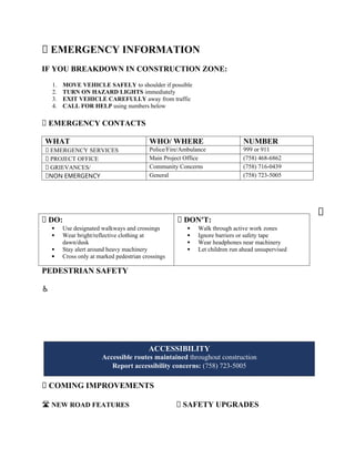 🆘 EMERGENCY INFORMATION
IF YOU BREAKDOWN IN CONSTRUCTION ZONE:
1. MOVE VEHICLE SAFELY to shoulder if possible
2. TURN ON H...