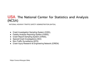 USA The National Center for Statistics and Analysis
(NCSA)
https://www.nhtsa.gov/data
NATIONAL HIGHWAY TRAFFIC SAFETY ADMINISTRATION (NHTSA)
● Crash Investigation Sampling System (CISS),
● Fatality Analysis Reporting System (FARS),
● Crash Report Sampling System (CRSS),
● Special Crash Investigations (SCI)
● Non-Traffic Surveillance (NTS)
● Crash Injury Research & Engineering Network (CIREN)
 