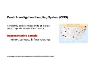 Crash Investigation Sampling System (CISS)
Randomly selects thousands of police
crash reports across the country
Representative sample
minor, serious, & fatal crashes
https://www.nhtsa.gov/crash-data-systems/crash-investigation-sampling-system
 
