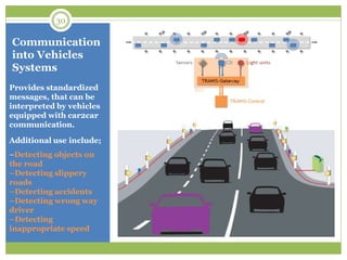 Communication
into Vehicles
Systems
Provides standardized
messages, that can be
interpreted by vehicles
equipped with car2car
communication.
Additional use include;
–Detecting objects on
the road
–Detecting slippery
roads
–Detecting accidents
–Detecting wrong way
driver
–Detecting
inappropriate speed
30
 