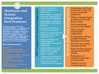 Hardware and
System
Integration
Best Practices
V Motion allows live VM -
Virtual Machine - migration on
one host to another without
downtime. Example there are
two hosts A and B in a cluster
with HA enabled; If host A
crashes, all VMs on that will be
down. VMware HA will help
restart those VMs to Host B, so
there is no service downtime.
ITS Infrastructure :
Cabinets
Fiber optic network
Variable Message Signs
CCTV
Automatic Traffic Counters
Automatic Incident
Detection
Lane Control Signals
ANPR
Motorway Entry Signals
Power Supplies
HWComponentSystemIntegration
Usage of advanced
Server technology is
saving costs
State of the art concept is
based on virtual Server
environment (VMWare)
Redundancy realized by
SW (VMWare HA and V-
Motion)
Rack based solution is
saving IT room space
Green IT components are
reducing energy costs
and heat losses
Remote Desktop and
virtual Operator
Workstations saving HW
equipment
Online Backup concept
without down time via
VDR – Virtual Data
Room - concept
Unlimited disk spaces by
external storage systems
Blade Server based
configurations if required
SystemNetworkIntegration
Cooperation with local
IT provider is the only
way for successful
integration
Without Domain Name
no chance to start the
System setup
Fix IP addressing
concept at the earliest
Chose network
maintainable
components
No bug fixing without
suitable Network
Management System
Sub-Nets and routing
requirements key
Protect System against
internal and external
attacks
Redundancy of
outstation network is
recommended
Disaster recovery
concept required
71
 