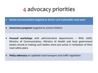 4 advocacy priorities
 Social communication targeted to drivers and vulnerable road users
 Awareness program targeted to school children
 Focused workshops with administrative departments – RHD, LGED,
Ministry of Communication, Ministry of Health and local government
bodies aimed at making such bodies more pro-active in realization of their
road safety plans
 Policy advocacy on updated road transport and traffic legislation
 