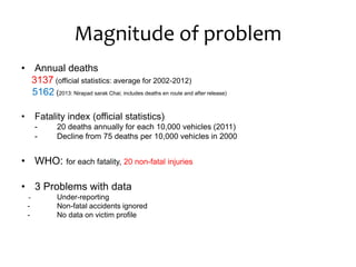 Magnitude of problem
• Annual deaths
3137 (official statistics: average for 2002-2012)
5162 (2013: Nirapad sarak Chai; includes deaths en route and after release)
• Fatality index (official statistics):
- 20 deaths annually for each 10,000 vehicles (2011)
- Decline from 75 deaths per 10,000 vehicles in 2000
• WHO: for each fatality, 20 non-fatal injuries
• 3 Problems with data
- Under-reporting
- Non-fatal accidents ignored
- No data on victim profile
 