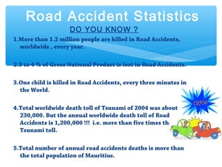 DO YOU KNOW ?
1.More than 1.2 million people are killed in Road Accidents,
worldwide , every year.
2.3 to 4 % of Gross National Product is lost in Road Accidents.
3.One child is killed in Road Accidents, every three minutes in
the World.
4.Total worldwide death toll of Tsunami of 2004 was about
230,000. But the annual worldwide death toll of Road
Accidents is 1,200,000 !!! i.e. more than five times the
Tsunami toll.
5.Total number of annual road accidents deaths is more than
the total population of Mauritius.
Road Accident Statistics
 
