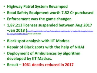 • Highway Patrol System Revamped
• Road Safety Equipment worth 7.52 Cr purchased
• Enforcement was the game changer.
• 1,87,213 licenses suspended between Aug 2017
–Jan 2018 (https://www.thehindu.com/news/national/tamil-nadu/number-of-road-accident-deaths-in-tn-on-
the-wane/article22755752.ece dated Feb 15 2018)
• Black spot analysis with IIT Madras
• Repair of Black spots with the help of NHAI
• Deployment of Ambulances by algorithm
developed by IIT Madras.
• Result – 1061 deaths reduced in 2017
 