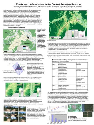 Roads and deforestation in the Central Peruvian Amazon
                      Glenn Hyman and Elizabeth Barona, International Center for Tropical Agriculture (CIAT), Cali, Colombia

Since the middle of the last century road development has been a key proximate
cause of deforestation in the Central Peruvian Amazon. Less clear are the
underlying causes of deforestation and how they vary over time and across the
landscape. This study reconstructed the development of the road network in the
Aguaytia watershed and nearby Ucayali River floodplain since 1950. The study
uses remote sensing imagery, censuses and other secondary data to reveal the
proximate and underlying causes of deforestation. Road development, shifting
cultivation, cattle ranching, migration, population growth and government policies all
feature prominently in deforestation dynamics in the region. The study showed that
the proximate and underlying drivers of deforestation vary substantially across the
landscape and over the last 60 years. This case study links the spatial and temporal
pattern of deforestation to the development of the road network and the underlying
causes of deforestation in the region.

           Deforestation patterns
                                                                              Central Peruvian
                                                                              Amazon Study
                                                                              Area                                                                                                                                                                           1950’s
   Diffuse                                                                                                                                                                                                                                                   1960’s
                                                                              •Watershed and                                                                                 1970’s
                                                                              Floodplain area of                                                                             1980’s

                                                                              16, 970 km2                                                                                    1990’s

                                                                              •Floodplain area
                                                                              is 3,264 km2
                                                                              •Approximately      Road development
                                                                              300,000 people
                                                                              live in city of     1. Long trajectories connecting to rivers: the most important road connection in the region is
                                                  Geometric
     Corridor                                                                 Pucallpa               the Federico Basadre road connecting the Ucayali port town of Pucallpa to the Andes and
                                                                              •75,000 people         to Lima. In the 1960s, the government built connector roads between this main road and
                                                                              live in rural areas    the Aguaytia River to the north and the Ucayali to the South. Govenrment initiatives
                                                                              around the city        developed more recent connections between the Federico Basadre highway and the
                                                                                                     Aguaytia River to the North in the 1970s.
                              Island
                                                                                                       2. Incremental extension over decades: several roads extending perpendicular to the
                                                                                                          Federico Basdre highway have developed in an incremental manner over the decades.
Patterns of deforestation in the central Peruvian Amazon suggest several different
processes and driving forces. Diffuse patches suggest selective logging and possibly                   3. Logging roads in remote areas: many remote areas are marked by roads developed solely
illegal crop production. The island pattern also suggests the possibility of illegal                      for the extraction of timber.
production of coca plants.The corridor pattern shows government efforts to link a major
road to an important river in the region. The most prominent pattern is the large                                                            Proximate and underlying driving forces of deforestation in
geometric shapes that are associated with most of the land-use change in the area.                                                           the Central Peruvian Amazon
                                                                                                                                                                                 Proximate                                                      Underlying
            Primary Forest          Cleared Land
                                                      The geometric patterns described
                                                      above suggest a conceptual model                                                       1960’s                              •Road expansion                                                •migration
                                      T1              of land use change. The government                                                                                         •Colonization
                                            Urban
                                                      established land parcels for                                                                                               •Pasture expansion
                                           T2         distribution to colonists in their larger
                                             T3                                                                                              1970’s                              •Road expansion                                                •Migration
                                                      efforts to settle the Amazon. The first
Conceptual Model of                           T4
                                                      arrivals settled in the lots closest to                                                                                    •Timber extraction                                             •population growth
Settlement Over Time                                  cities or towns. Subsequent colonists                                                                                      •Colonization
                                                      settled progressively further from the                                                                                     •Shifting cultivation
                                                      urban area.                                                                                                                •Pasture expansion
                                                                                                                                             1980’s                              •Road expansion                                                •Agricultural credit policy
Land clearing advanced at a steady pace perpendicular to the road. Because both
                                                                                                                                                                                 •Timber extraction                                             •Forestry sector
settlement and land clearing advanced within a similar time frame, the resulting                                                                                                                                                                development
                                                                                                                                                                                 •Shifting cultivation
deforestation pattern resembles a triangle or pyramid.
                                                                                                                                                                                 •Coca production                                               •Migration
                                                                                                                                                                                                                                                •Population growth


                                                                                                                                             1990’s                              •Oil palm development                                          •Migration
                                                                                                                                                                                 •Shifting cultivation                                          •Population growth
                                                                                                                                                                                 •Coca production
                                                                                                                                             2000’s                              •Oil palm development                                          •Migration

                                                                                                                 The table above lists the proximate and underlying driving forces of deforestation in the
                                                                                                                 Central Peruvian Amazon. Road construction is clearly the dominant proximate driving
                                                                                                                 force. Timber extraction, shifting cultivation and pasture expansion also predominate.
                                                                                                                 Other key proximate forces are coca and oil palm production. The key underlying factors
                                                                                                                 in deforestation of this region are related to population. Migrants from the Andes, who
Represented dynamically, the deforestation pattern is similar to a boat’s bow wave.                              may have been pushed out by the lack of land there, have arrived to the Amazon in the
As settlement extends away from cities or towns deforestation advances                                           hopes of taking advantage of abundant natural resources. This region of the Amazon also
perpendicular to roads. Our research shows substantial differences in demographic                                has one of the highest fertility rates in all of Peru. Other underlying forces include
characteristics, living standards, livelihood activities and other characteristics                               changes in national agricultural and forestry development policies.
depending on where a village or household is situated along the spatial and temporal
land-use continuum.                                                                                                    600,000                                                                                       30,000,000
                                                                                                                                                                                                                                  A                            B
                                                                                                                       500,000                                                                                       25,000,000
                                                                                                   Miles de personas




                                                                                                                       400,000                                                                                       20,000,000

                                                      The photographs on the left shows some                           300,000                                                                                       15,000,000


                                                      typical road landscapes in the central                           200,000

                                                                                                                       100,000
                                                                                                                                                                                                                     10,000,000

                                                                                                                                                                                                                     5,000,000

                                                      Peruvian Amazon. Even the main road                                      0
                                                                                                                                     1940     1961     1972     1981      1993     2007      2010*   2015*   2020*
                                                                                                                                                                                                                     0


                                                      connecting Lima to Pucallpa has                                   Ucayali
                                                                                                                        Perú
                                                                                                                                    16,154   64,161   120,501 163,208 314,810 432,159 455,497 493,736 530,881
                                                                                                                                   6,207,9679,906,74613,538,20 17,005,2122,048,3527,412,15

                                                      substantial sections that have not yet                                                                                                                                                                          C
                                                      been paved. Most of the roads in the
                                                      region are gravel or improved dirt. Many
                                                      of the roads end at the site of activities                                                                                                                                  A – Aster image
                                                      such as timber extraction.                                                                                                                                                  B – Google Earth
                                                                                                                                                                                                                                  C – Google Earth close-up where you
                                                                                                                                                                                                                                  can see the palm plantation canopy
 