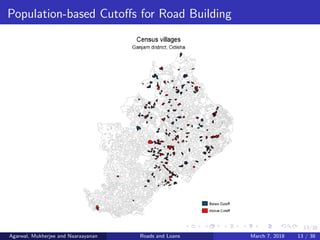 13/38
Population-based Cutoﬀs for Road Building
Agarwal, Mukherjee and Naaraayanan Roads and Loans March 7, 2018 13 / 38
 