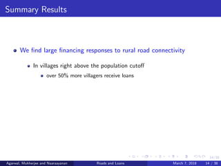 14/38
Summary Results
We ﬁnd large ﬁnancing responses to rural road connectivity
In villages right above the population cutoﬀ
over 50% more villagers receive loans
Agarwal, Mukherjee and Naaraayanan Roads and Loans March 7, 2018 14 / 38
 