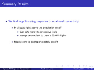 14/38
Summary Results
We ﬁnd large ﬁnancing responses to rural road connectivity
In villages right above the population cutoﬀ
over 50% more villagers receive loans
average amount lent to them is 20-40% higher
Roads seem to disproportionately beneﬁt
Agarwal, Mukherjee and Naaraayanan Roads and Loans March 7, 2018 14 / 38
 