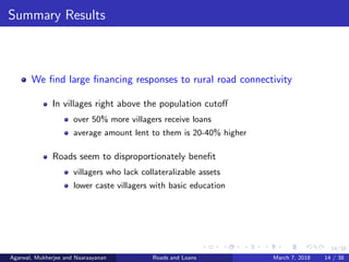14/38
Summary Results
We ﬁnd large ﬁnancing responses to rural road connectivity
In villages right above the population cutoﬀ
over 50% more villagers receive loans
average amount lent to them is 20-40% higher
Roads seem to disproportionately beneﬁt
villagers who lack collateralizable assets
lower caste villagers with basic education
Agarwal, Mukherjee and Naaraayanan Roads and Loans March 7, 2018 14 / 38
 