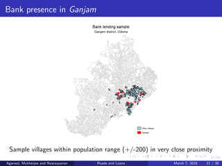 21/38
Bank presence in Ganjam
Sample villages within population range (+/-200) in very close proximity
Agarwal, Mukherjee and Naaraayanan Roads and Loans March 7, 2018 21 / 38
 