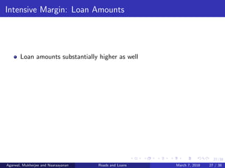 27/38
Intensive Margin: Loan Amounts
Loan amounts substantially higher as well
Agarwal, Mukherjee and Naaraayanan Roads and Loans March 7, 2018 27 / 38
 
