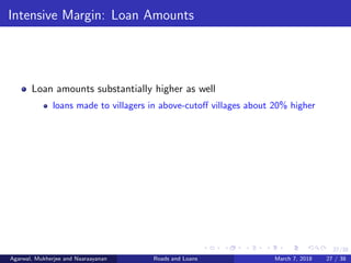 27/38
Intensive Margin: Loan Amounts
Loan amounts substantially higher as well
loans made to villagers in above-cutoﬀ villages about 20% higher
Agarwal, Mukherjee and Naaraayanan Roads and Loans March 7, 2018 27 / 38
 