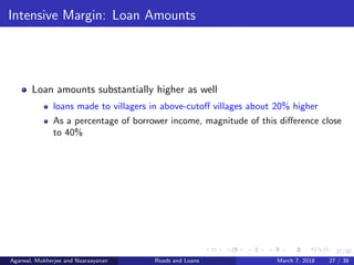 27/38
Intensive Margin: Loan Amounts
Loan amounts substantially higher as well
loans made to villagers in above-cutoﬀ villages about 20% higher
As a percentage of borrower income, magnitude of this diﬀerence close
to 40%
Agarwal, Mukherjee and Naaraayanan Roads and Loans March 7, 2018 27 / 38
 