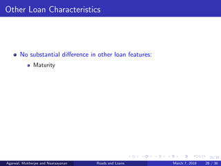 28/38
Other Loan Characteristics
No substantial diﬀerence in other loan features:
Maturity
Agarwal, Mukherjee and Naaraayanan Roads and Loans March 7, 2018 28 / 38
 