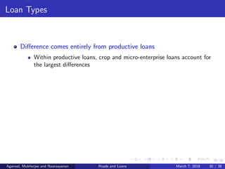 30/38
Loan Types
Diﬀerence comes entirely from productive loans
Within productive loans, crop and micro-enterprise loans account for
the largest diﬀerences
Agarwal, Mukherjee and Naaraayanan Roads and Loans March 7, 2018 30 / 38
 