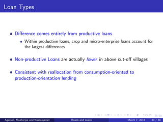 30/38
Loan Types
Diﬀerence comes entirely from productive loans
Within productive loans, crop and micro-enterprise loans account for
the largest diﬀerences
Non-productive Loans are actually lower in above cut-oﬀ villages
Consistent with reallocation from consumption-oriented to
production-orientation lending
Agarwal, Mukherjee and Naaraayanan Roads and Loans March 7, 2018 30 / 38
 