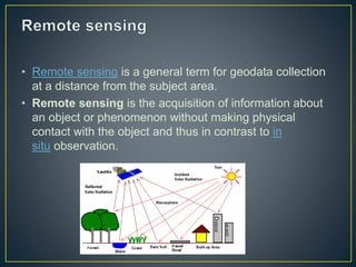 • Remote sensing is a general term for geodata collection
at a distance from the subject area.
• Remote sensing is the acquisition of information about
an object or phenomenon without making physical
contact with the object and thus in contrast to in
situ observation.
 