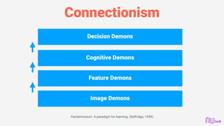 Connectionism
Decision Demons
Cognitive Demons
Feature Demons
Image Demons
Pandemonium: A paradigm for learning. (Selfridge, 1959)
 
