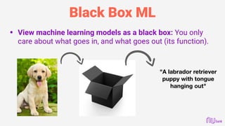 Black Box ML
• View machine learning models as a black box: You only
care about what goes in, and what goes out (its function).
"A labrador retriever
puppy with tongue
hanging out"
 