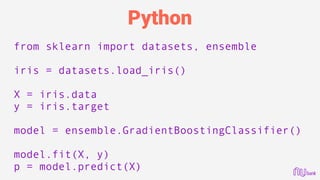 Python
from sklearn import datasets, ensemble
iris = datasets.load_iris()
X = iris.data
y = iris.target
model = ensemble.GradientBoostingClassifier()
model.fit(X, y)
p = model.predict(X) 
 