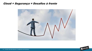 14 | © 2016, Palo Alto Networks. Confidential and Proprietary.
• Na nuvem, diferentes aplicações de diferentes níveis de segurança residem dentro de
um mesmo servidor:
• Tráfego Leste-Oeste entre VMs necessita ser inspecionado;
• Segurança baseada em porta e protocolo não é suficiente
• Segurança de Próxima Geração virtualizada é necessária para :
• Permitir que o tráfego de aplicativos entre VMs com segurança
• Proteger contra ataques cibernéticos
MS-SQL SharePoint Web Front End
Hypervisor
VM VM VM
Desafios de Segurança na Nuvem
…”Recursos de segurança incompletos nas soluções de segurança virtuais existentes”
 