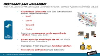 37 | © 2016, Palo Alto Networks. Confidential and Proprietary.
Plataforma de Segurança de Próxima Geração
• Uso seguro de aplicações dentro
dos ambientes híbridos de cloud;
• Conceder acesso a usuários com
base na necessidade/ identidade
dentro e fora de sua nuvem híbrida;
• Proteger os dados contra malware
conhecidos e desconhecidos
Núvens Públicas
Nuvem Privada
Nuvens Híbridas
…arquitetura preventiva para proteção de aplicações, usuários e dados
 