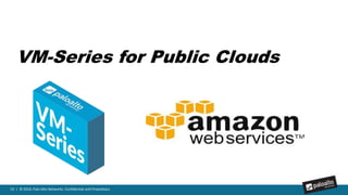53 | © 2016, Palo Alto Networks. Confidential and Proprietary.
 VPC gateway:
- Segurança de Next Generation Firewall para
tráfego VPC
- Permitir aplicações, prevenção de ameaças
conhecidas/desconhecidas e controle de acesso
baseado em usuários
 Hybrid cloud (IPSec VPN)
- Extensão do datacenter físico/nuvem privada
para AWS: VPN IPSEC + Segurança Next
Generation Firewall
 VPC-to-VPC protection
- Gateway + híbrido para controlar o tráfego
entre VPCs; bloqueio de ameaças conhecidas
e desconhecidas de movimento lateral
Dev
App1
App2
Test
App1
App2
App1
App2
 GlobalProtect VPN para acesso remoto
- Aproveitar a resiliência para usuários remotos
- Estender as políticas de segurança de próxima
geração para todos os usuários, locais e tipos
de dispositivos
Palo Alto Networks VM-Series para AWS (Amazon)
Exemplos de deployments para nuvens Públicas e Híbridas no ambiente da Amazon
 