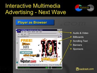 Interactive Multimedia Advertising - Next Wave <ul><li>Audio & Video </li></ul><ul><li>Billboards </li></ul><ul><li>Scroll...