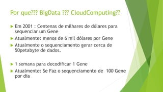 Por que??? BigData ??? CloudComputing??
 Em 2001 : Centenas de milhares de dólares para
sequenciar um Gene
 Atualmente: menos de 6 mil dólares por Gene
 Atualmente o sequenciamento gerar cerca de
50petabyte de dados.
 1 semana para decodificar 1 Gene
 Atualmente: Se Faz o sequenciamento de 100 Gene
por dia
 