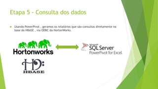 Etapa 5 - Consulta dos dados
 Usando PowerPivot , geramos os relatórios que são consultas diretamente na
base do HBASE , via ODBC da HortonWorks.
 