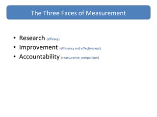• Research (efficacy)
• Improvement (efficiency and effectiveness)
• Accountability (reassurance, comparison)
The Three Faces of Measurement
 