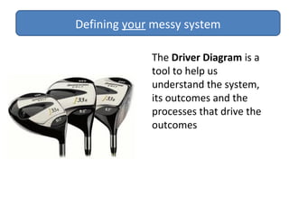 The Driver Diagram is a
tool to help us
understand the system,
its outcomes and the
processes that drive the
outcomes
Defining your messy system
 