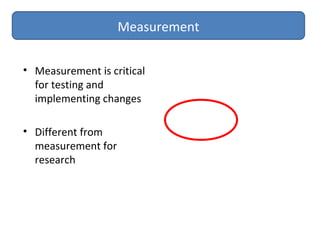 • Measurement is critical
for testing and
implementing changes
• Different from
measurement for
research
Measurement
 