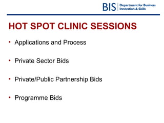 HOT SPOT CLINIC SESSIONS Applications and Process Private Sector Bids Private/Public Partnership Bids Programme Bids 