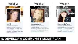 9. DEVELOP A COMMUNITY MGMT PLAN
Week 2 | Week 3 | Week 4
 