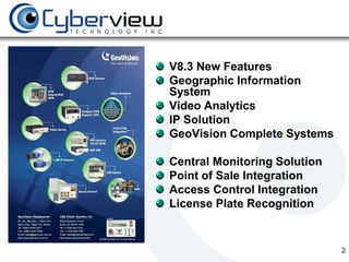 V8.3 New Features
Geographic Information
System
Video Analytics
IP Solution
GeoVision Complete Systems

Central Monitoring Solution
Point of Sale Integration
Access Control Integration
License Plate Recognition


                              2
 