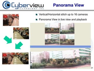 Panorama View

Vertical/Horizontal stitch up to 16 cameras
Panorama View in live view and playback




                                              31
 