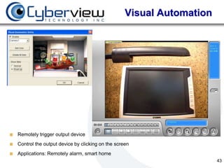 Visual Automation




Remotely trigger output device
Control the output device by clicking on the screen
Applications: Remotely alarm, smart home
                                                                     43
 