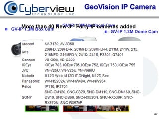 GeoVision IP Camera

    More Box Cam New 3rd 1.3M Varifocal Cam added
GV-IP 1.3M
           than 40 GV-IP Party IP cameras
                                       GV-IP 1.3M Dome Cam




                                                        47
 