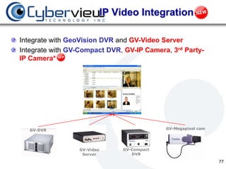 IP Video Integration

Integrate with GeoVision DVR and GV-Video Server
Integrate with GV-Compact DVR, GV-IP Camera, 3rd Party-
IP Camera*




   GV-DVR                                     GV-Megapixel cam




                 GV-Video        GV-Compact
                  Server            DVR

                                                                 77
 