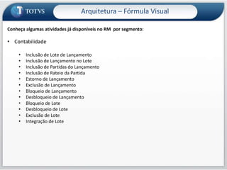 Arquitetura – Fórmula VisualA Fórmula Visual da Solução RM é um mecanismo amplo e com finalidade geral para o desenvolvimento visual de lógicas de negócio com o objetivo de estender a solução TOTVS RM.Utiliza como base o Microsoft Framework .NET - Windows Workflow Foundation, um produto muito robusto e poderoso desde sua concepção, utilizado pelos principais softwares da própria Microsoft. 