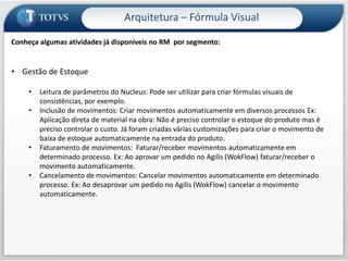 Arquitetura – Fórmula VisualComo a Fórmula Visual é utilizada para permitir customizaçõesCliente RMServidor de Aplicação RMBanco de DadosTodas as regras de negócio já estão definidas dentro do produto RM padrão  Este é o diagrama de funcionamento normal do RMArquitetura – Fórmula VisualExemplos de uso:Envio de emails após incluir ou alterar algum campo