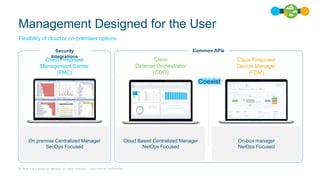 © 2019 Cisco and/or its affiliates. All rights reserved. Cisco Partner Confidential
Management Designed for the User
For easy on-box management of
single FTD or pair of FTDs
running in HA
For centralized cloud-based
policy management of multiple
deployments
*For FTD release 6.4 or higher
Helps administrators enforce
consistent access policies, rapidly
troubleshoot security events, and view
summarized reports across the
deployment
Cisco Firepower
Device Manager
(FDM)
Cisco
Defense Orchestrator
(CDO)
Cisco Firepower
Management Center
(FMC)
On premise Centralized Manager
SecOps Focused
On-box manager
NetOps Focused
Cloud Based Centralized Manager
NetOps Focused
Coexist
Flexibility of cloud or on-premises options
Common APIsSecurity
Integrations
 