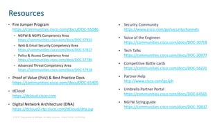 © 2019 Cisco and/or its affiliates. All rights reserved. Cisco Partner Confidential
• Fire Jumper Program
https://communities.cisco.com/docs/DOC-55046
• NGFW & NGIPS Competency Area
https://communities.cisco.com/docs/DOC-57815
• Web & Email Security Competency Area
https://communities.cisco.com/docs/DOC-57817
• Policy & Access Competency Area
https://communities.cisco.com/docs/DOC-57780
• Advanced Threat Competency Area
https://communities.cisco.com/docs/DOC-57818
• Proof of Value (PoV) & Best Practice Docs
https://communities.cisco.com/docs/DOC-65405
• dCloud
https://dcloud.cisco.com
• Digital Network Architecture (DNA)
https://dcloud2-rtp.cisco.com/dCloud/dna.jsp
Resources
 Security Community
https://www.cisco.com/go/securitychannels
 Voice of the Engineer
https://communities.cisco.com/docs/DOC-30718
 Tech Talks
https://communities.cisco.com/docs/DOC-30977
 Competitive Battle cards
https://communities.cisco.com/docs/DOC-56271
 Partner Help
http://www.cisco.com/go/ph
 Umbrella Partner Portal
https://communities.cisco.com/docs/DOC-64565
 NGFW Sizing guide
https://communities.cisco.com/docs/DOC-70837
 