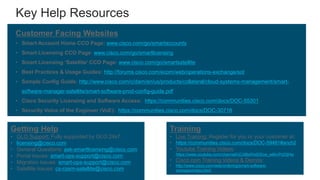 © 2019 Cisco and/or its affiliates. All rights reserved. Cisco Partner Confidential
Key Help Resources
Customer Facing Websites
• Smart Account Home CCO Page: www.cisco.com/go/smartaccounts
• Smart Licensing CCO Page: www.cisco.com/go/smartlicensing
• Smart Licensing ‘Satellite’ CCO Page: www.cisco.com/go/smartsatellite
• Best Practices & Usage Guides: http://forums.cisco.com/ecom/web/operations-exchange/sot
• Sample Config Guide: http://www.cisco.com/c/dam/en/us/products/collateral/cloud-systems-management/smart-
software-manager-satellite/smart-software-prod-config-guide.pdf
• Cisco Security Licensing and Software Access: https://communities.cisco.com/docs/DOC-55301
• Security Voice of the Engineer (VoE): https://communities.cisco.com/docs/DOC-30718
Getting Help
• GLO Support: Fully supported by GLO 24x7.
• licensing@cisco.com
• General Questions: ask-smartlicensing@cisco.com
• Portal Issues: smart-ops-support@cisco.com
• Migration Issues: smart-ops-support@cisco.com
• Satellite Issues: cs-cssm-satellite@cisco.com
Training
• Live Training: Register for you or your customer at:
• https://communities.cisco.com/docs/DOC-59481#anch2
• Youtube Training Videos:
https://www.youtube.com/channel/UCABaWsiDScw_w6kvPcDIjHw
• Cisco.com Training Videos & Demos:
• http://www.cisco.com/web/ordering/smart-software-
manager/index.html
 