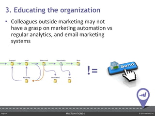 Page ‹#› © 2014 Marketo, Inc.#MKTGNATION14
• Colleagues outside marketing may not
have a grasp on marketing automation vs
regular analytics, and email marketing
systems
3. Educating the organization
!=
 