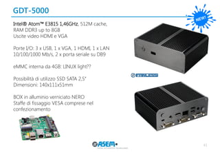 GDT-5000 
43 
Intel® Atom™ E3815 1,46GHz, 512M cache, 
RAM DDR3 up to 8GB 
Uscite video HDMI e VGA 
Porte I/O: 3 x USB, 1 x VGA, 1 HDMI, 1 x LAN 10/100/1000 Mb/s, 2 x porta seriale su DB9 
eMMC interna da 4GB: LINUX light?? 
Possibilità di utilizzo SSD SATA 2,5’’ 
Dimensioni: 140x111x51mm 
BOX in alluminio verniciato NERO 
Staffe di fissaggio VESA comprese nel confezionamento  