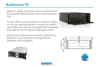 Rackmount PC 
50 
ASEM è in grado di integrare soluzioni rackmount sia PC based che SERVER based, anche industrial grade e 7x24 
Sia che il RACK sia da posizionare in ambienti «office», sia che esso vada posizionato in ambienti più difficili, i case ASEM sono realizzati con appositi filtri antipolvere e sportelli frontali che riparano dagli agenti esterni. 
Soluzioni tecnologicamente avanzate si affiancano a board che ancora sfruttano tecnologia ISA per soddisfare tutte le esigenze  